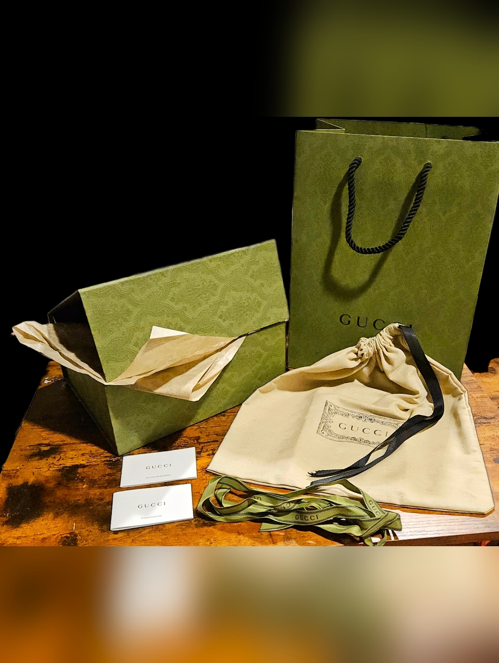 6pc GUCCI Green Paisley Gift Box Dust Bag Shopping Bag Tissue Ribbon Card Set